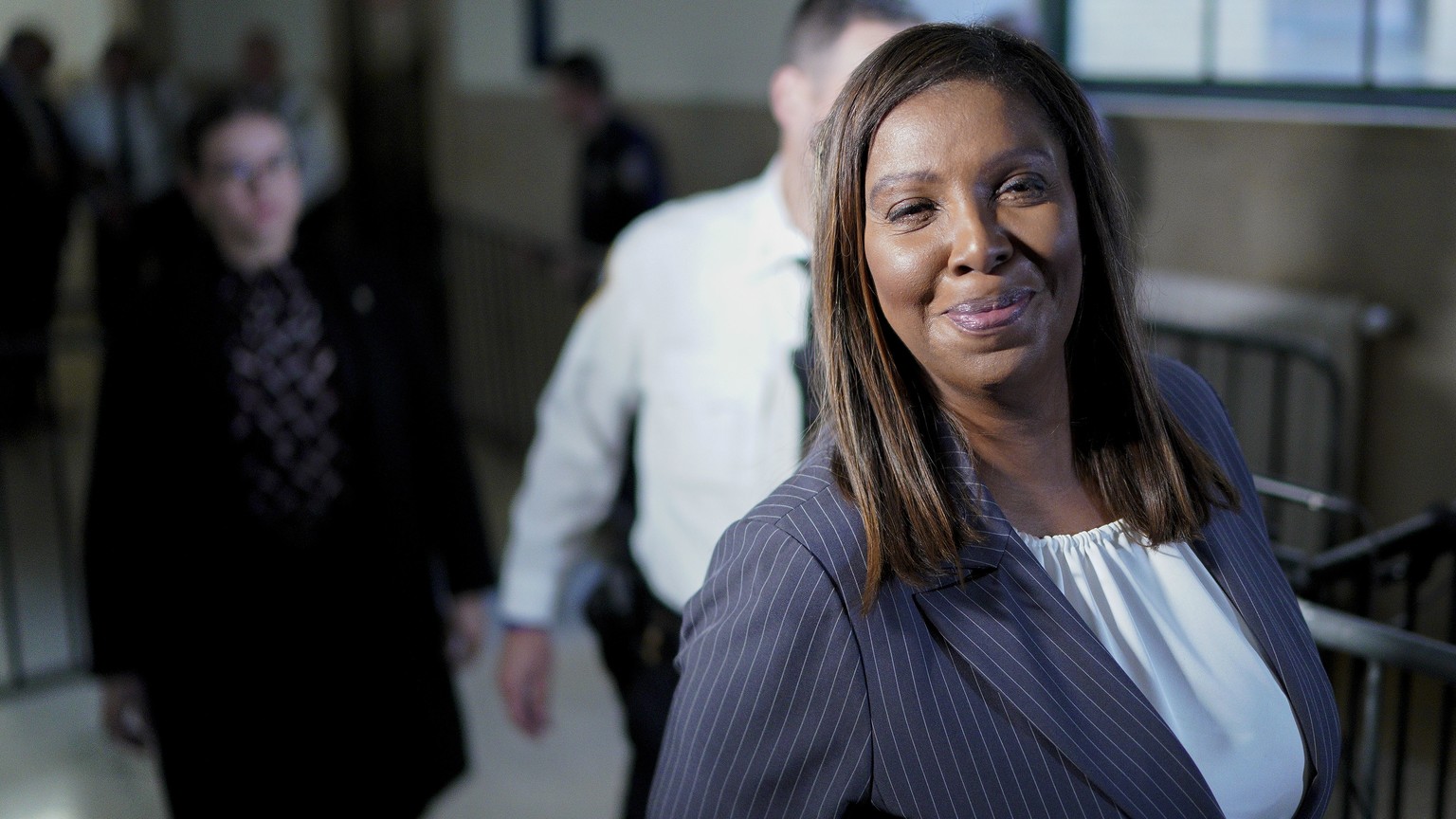 New York Attorney General Letitia James walks out of the courtroom during a break in proceedings at New York Supreme Court, Monday, Nov. 6, 2023, in New York. (AP Photo/Eduardo Munoz Alvarez)