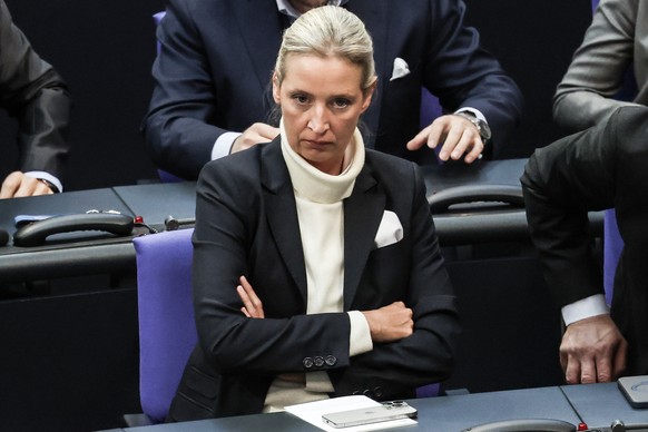 epa12084194 Alternative for Germany (AfD) party and faction co-chairwoman Alice Weidel attends an event of the German parliament to commemorate the 80th anniversary of the end of WWII in Europe, in Be ...