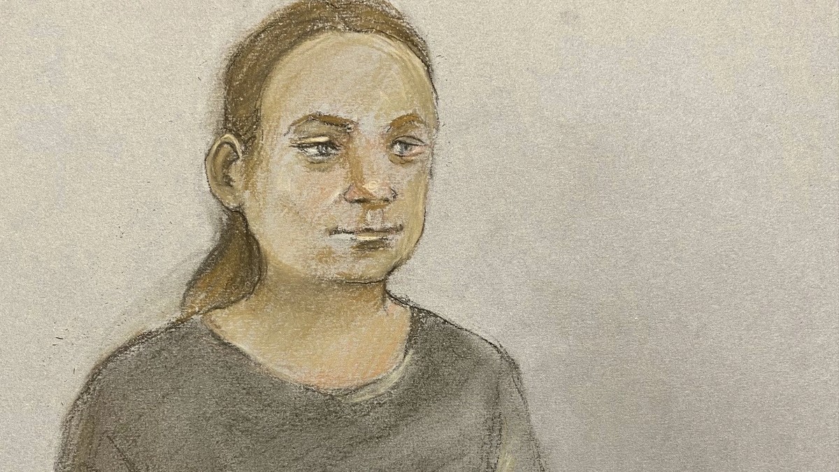 Court artist drawing by Elizabeth Cook of environmental campaigner Greta Thunberg appearing at Westminster Magistrates' Court, London, Wednesday, Nov. 15, 2023. Climate activist Greta Thunberg ha ...
