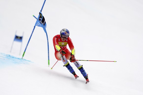 Switzerland's Marco Odermatt competes in an alpine ski, men's World Cup giant slalom race, in Soldeu, Andorra, Saturday, March 18, 2023. (AP Photo/Giovanni Zenoni)