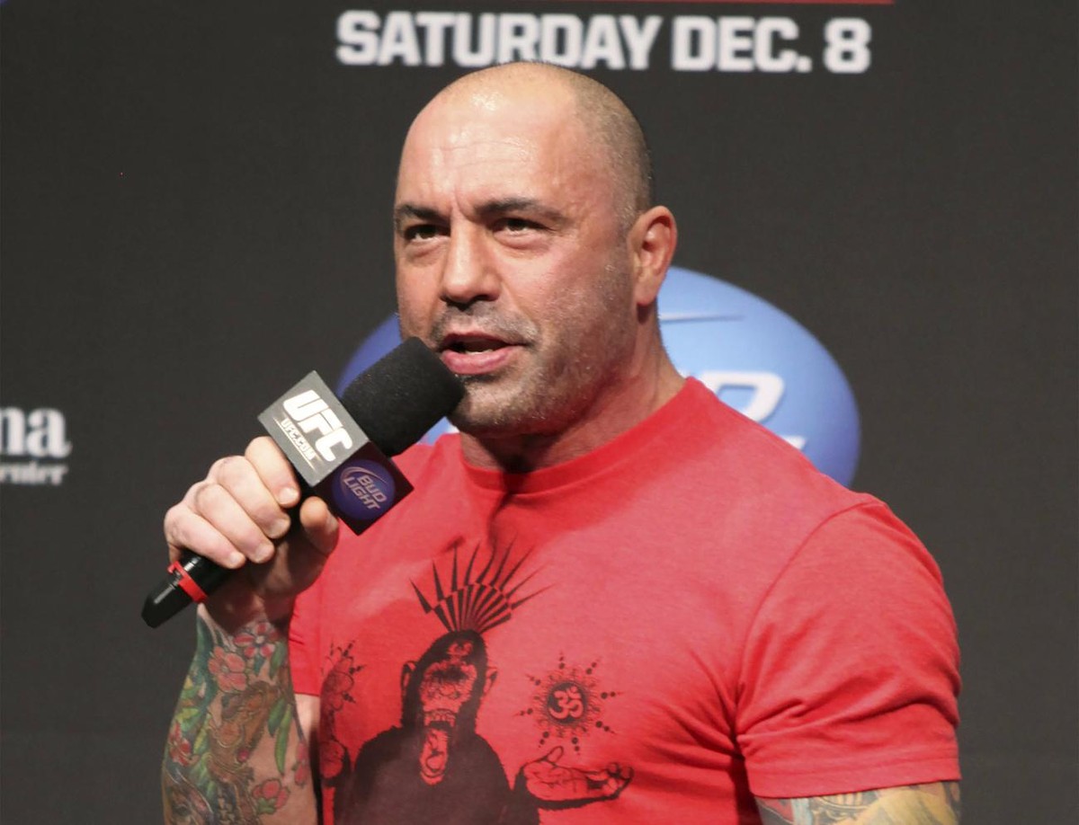 FILE - UFC announcer and podcaster Joe Rogan speaks at the weigh in before a UFC on FOX 5 event in Seattle, on Dec. 7, 2012. Spotify's CEO Daniel Ek wrote in a note to employees Sunday, Feb. 6, 2 ...