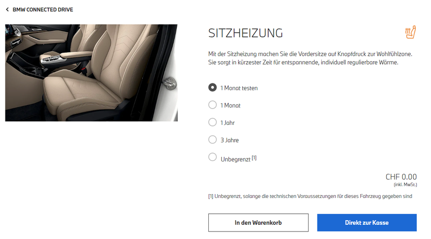 Kunden können die Sitzheizung einen Monat gratis testen und danach entscheiden, ob sie die Funktion mieten oder kaufen möchten (499 Franken) oder überhaupt nicht brauchen.