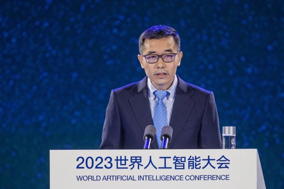 SHANGHAI, CHINA - JULY 06: Tang Xiaoou, professor of the Chinese University of Hong Kong, speaks during the opening ceremony of 2023 World Artificial Intelligence Conference at Shanghai World Expo Exh ...