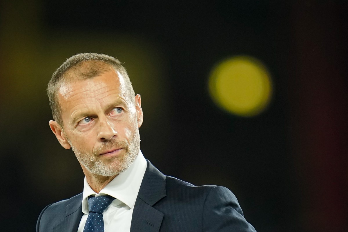 UEFA President Aleksander Ceferin looks on during the trophy ceremony at the end of the UEFA Super Cup soccer match between Paris Saint-Germain and Aston Villa in Salzburg, Austria, Wednesday, Aug.12, ...