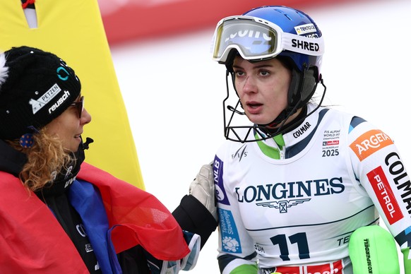 epa11888054 Andreja Slokar of Slovenia reacts in the finish area during the Slalom race of Women's Team Combined event at the FIS Alpine Skiing World Championships in Saalbach Hinterglemm, Austri ...