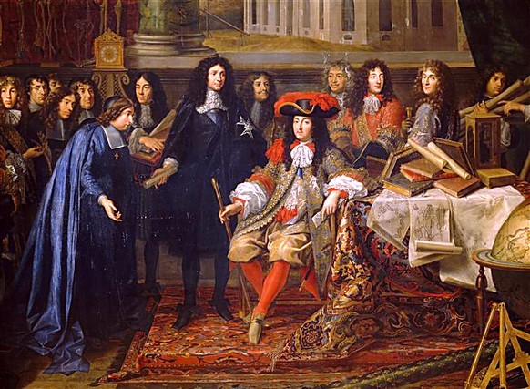 Jean-Baptiste Colbert, der Begründer des Merkantilismus, stellt Ludwig XIV. die Mitglieder der Königlichen Akademie der Wissenschaften vor (1667).<br data-editable="remove">