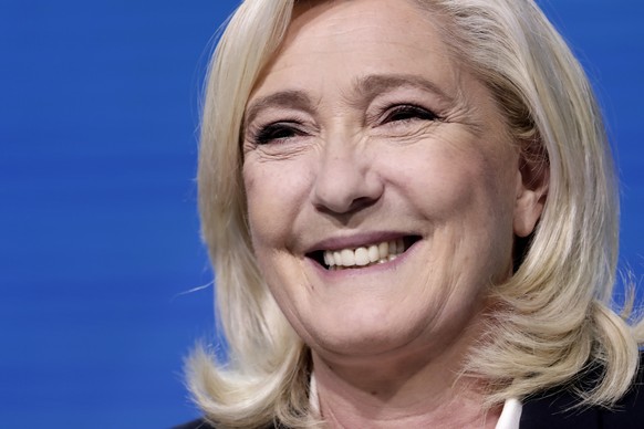French far-right candidate Marine Le Pen delivers a speech at her election day headquarters in Paris, Sunday, April 10, 2022. French polling agency projections show incumbent French President Emmanuel ...