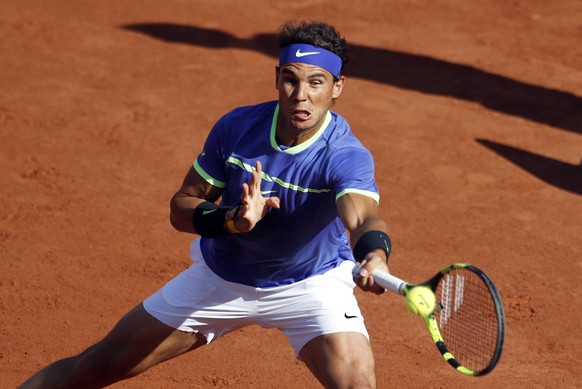 Spain&#039;s Rafael Nadal hits a forehand to Austria&#039;s Dominic Thiem during their semifinal match of the French Open tennis tournament at the Roland Garros stadium, in Paris, France, Friday, June ...