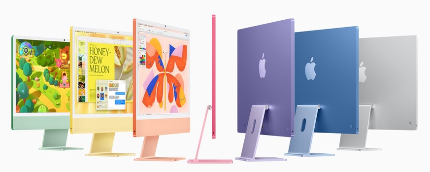 Der iMac mit M4-Chip von Apple (2024) ist in den Farben Grün, Gelb, Orange, Pink, Violett, Blau und Silber erhältlich.