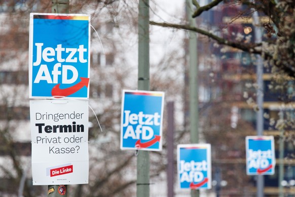 epa11057242 Campaign posters of the right-wing Alternative for Germany (Alternative fuer Deutschland, AfD) party are reading &#039;Now AfD!&#039; (L-up, 2-L, 3-L and R) and hang next to a campaign pos ...