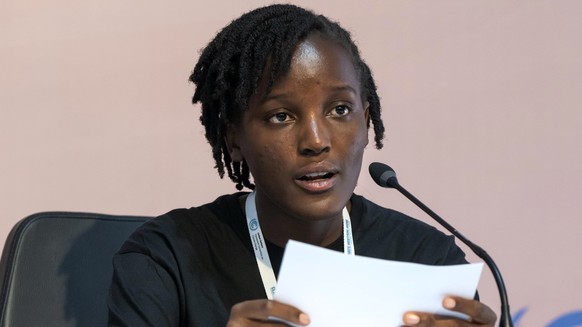 Climate activist Vanessa Nakate, of Uganda, speaks on a panel with other youth at the COP27 U.N. Climate Summit, Wednesday, Nov. 9, 2022, in Sharm el-Sheikh, Egypt. (AP Photo/Nariman El-Mofty)