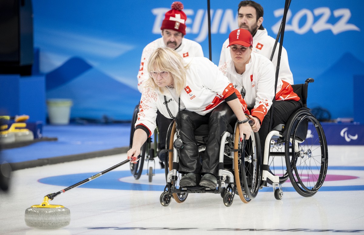 Francoise Jaquerod of Switzerland's curling team during a training session at the National Aquatics Centre in Beijing on Friday, 4 March 2022, just a day before the start of the Beijing 2022 Para ...
