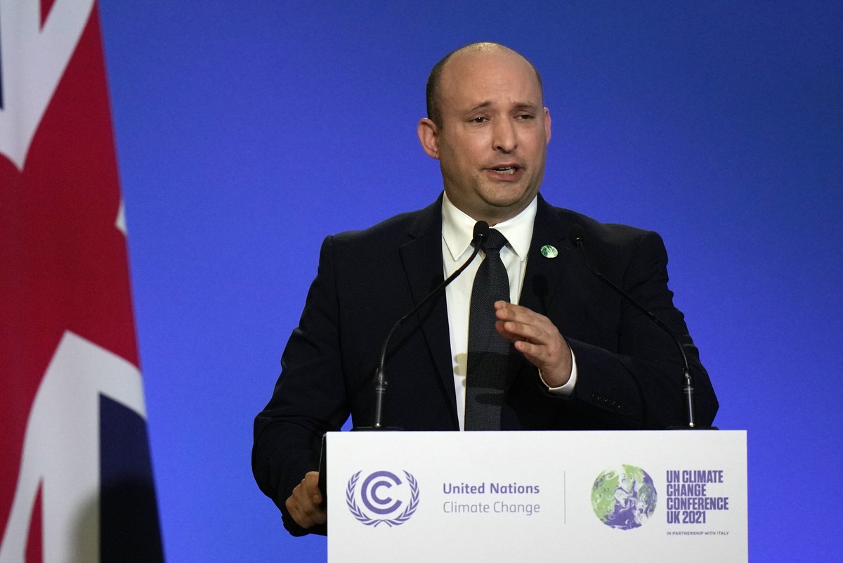 Israel's Prime Minister Naftali Bennett makes a statement at the COP26 U.N. Climate Summit in Glasgow, Scotland, Monday, Nov. 1, 2021. The U.N. climate summit in Glasgow gathers leaders from arou ...