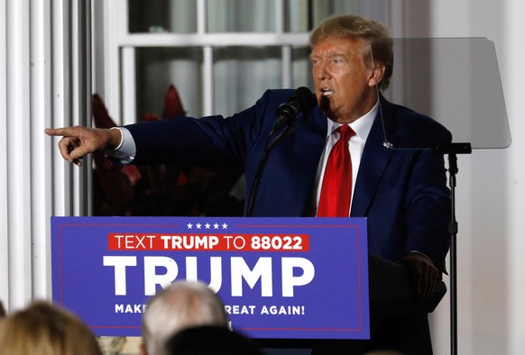 epa10689633 Former U.S. President Donald J. Trump speaks outside Trump National Golf Club, in Bedminster, New Jersey, U.S., June 13, 2023. Trump was previously indicted in federal court in Miami for multip...