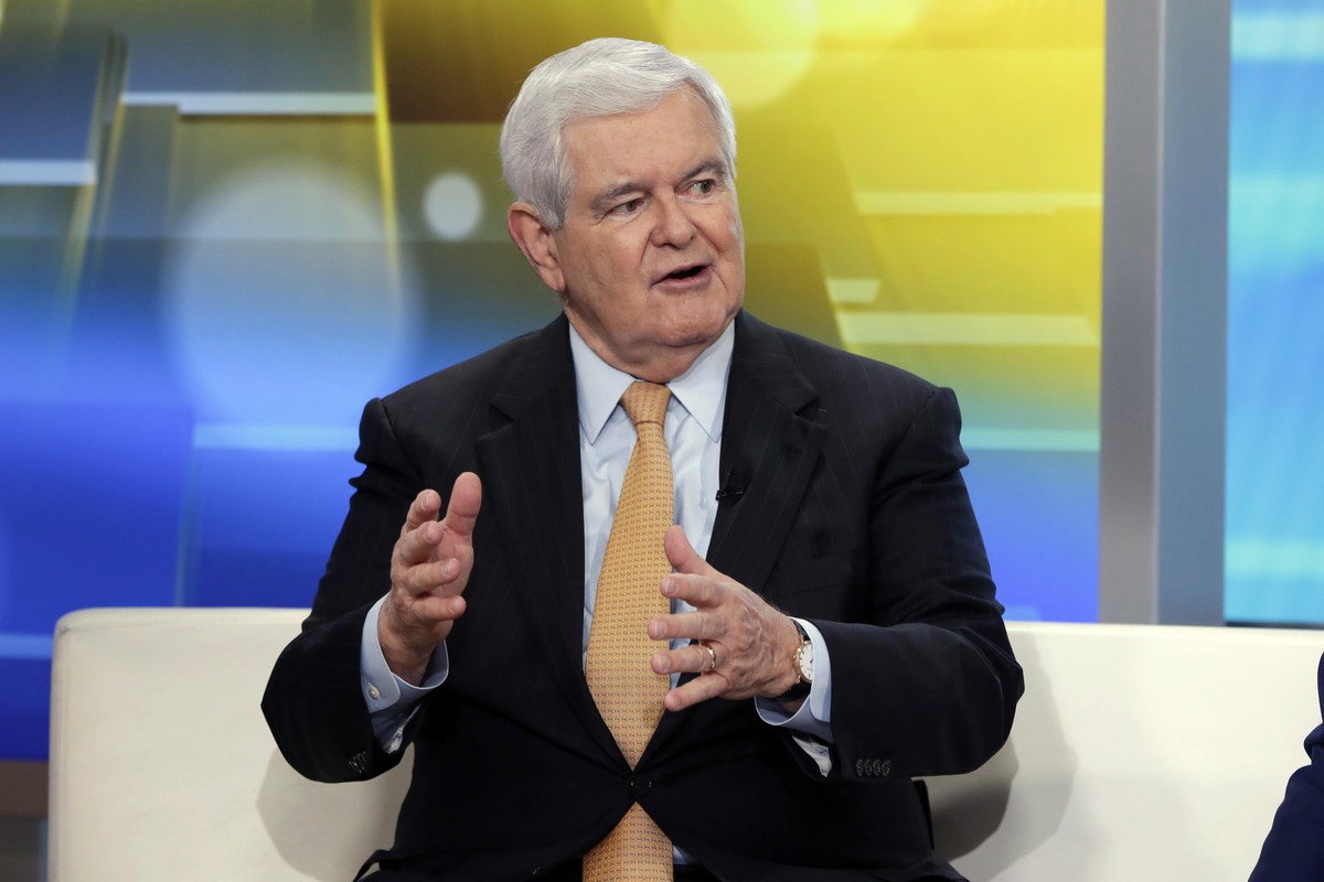 Former Speaker of the House Newt Gingrich is interviewed on the "Fox &amp; Friends" television program, in New York on Thursday, May 24, 2018. (AP Photo/Richard Drew)