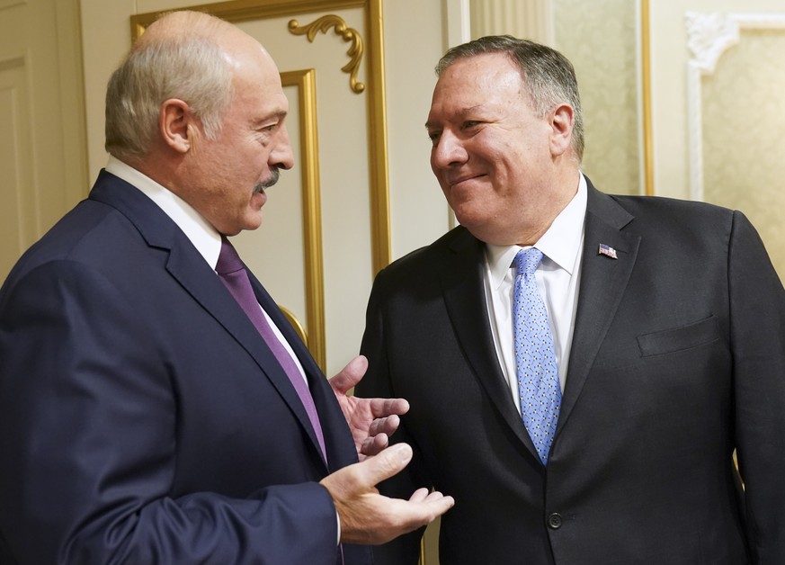 U.S. Secretary of State Mike Pompeo meets with Belarusian President Alexander Lukashenko in Minsk, Belarus, Saturday, Feb. 1, 2020. (Kevin Lamarque/Pool Photo via AP)
Alexander Lukashenko,Mike Pompeo