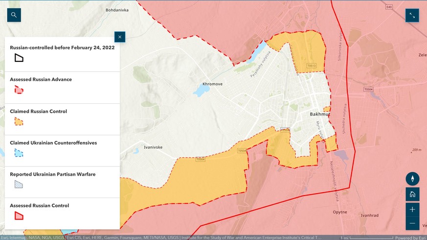 Bachmut's map shows the frontline straight through the city - but also how encircled it is.