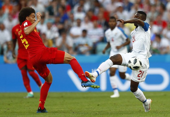 Belgium&#039;s Axel Witsel, left, and Panama&#039;s Jose Luis Rodriguez challenge for the ball during the group G match between Belgium and Panama at the 2018 soccer World Cup in the Fisht Stadium in  ...