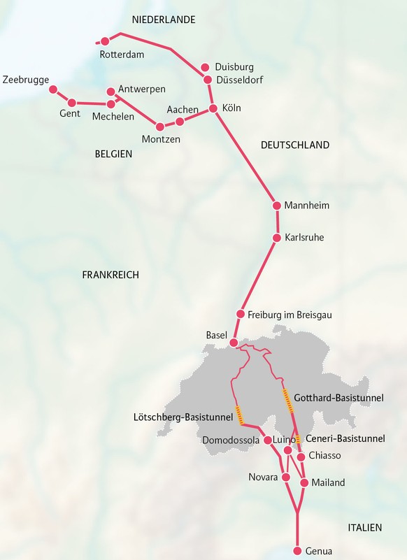 Korridor Rhein-Alpen von Rotterdam nach Genua: Wichtigste Verbindung für den Nord-Süd-Güterverkehr.