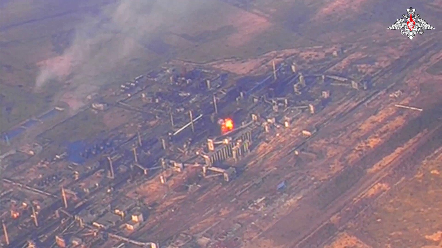 This photo taken from video released by Russian Defense Ministry Press Service on Monday, Feb. 19, 2024, shows an aerial view of the Avdiivka Coke and Chemical Plant, eastern Ukraine. Russian forces h ...