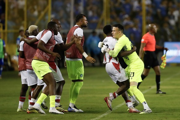 epa12363467 Suriname players celebrate a goal during a 2026 World Cup qualifying match between El Salvador and Suriname in San Salvador, El Salvador, 08 September 2025. EPA/RODRIGO SURA