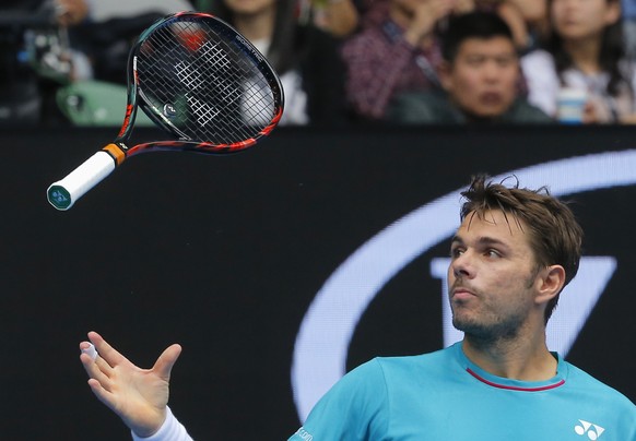 Tennis - Australian Open - Melbourne Park, Melbourne, Australia - 20/1/17 Switzerland&#039;s Stan Wawrinka throws his racket during his Men&#039;s singles third round match against Serbia&#039;s Vikto ...