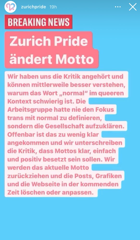 Auf Instagram versuchte Zurich Pride die Wogen zu glätten.