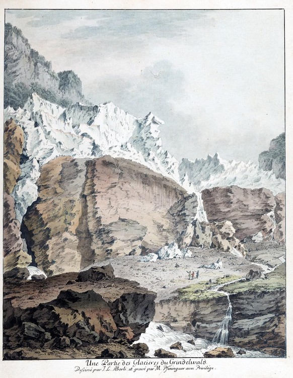 Der untere Grindelwaldgletscher um 1762. Kolorierte Radierung von Johann Ludwig Aberli, um 1770.