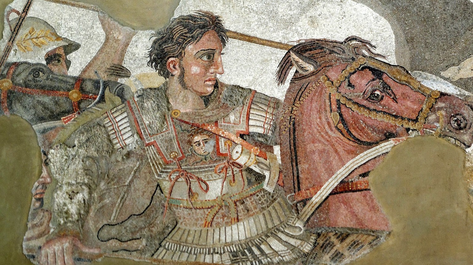 Alexander im Schlachtgetümmel, Detail der berühmten «Alexanderschlacht» auf einem Mosaik in Pompeji, ca. 150–100 v. Chr.
