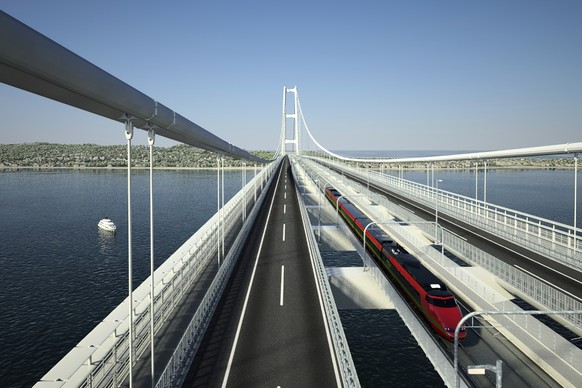 This digital rendering shows a bridge linking the Italian mainland with Sicily, a long-delayed 13.5 billion euro ($15.5 billion) project, that an interministerial committee with oversight of strategic ...