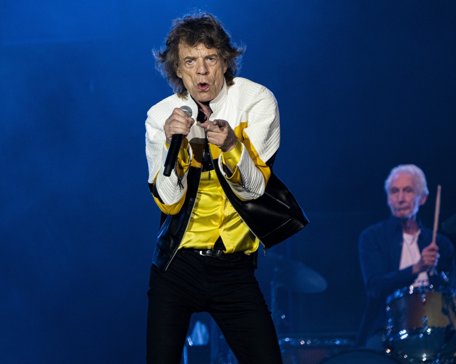 Lead vocalist Mick Jagger and drummer Charlie Watts of The Rolling Stones perform with the band during their No Filter Tour at Gillette Stadium on Sunday, July 7, 2019, in Foxborough, Mass. (Photo by  ...