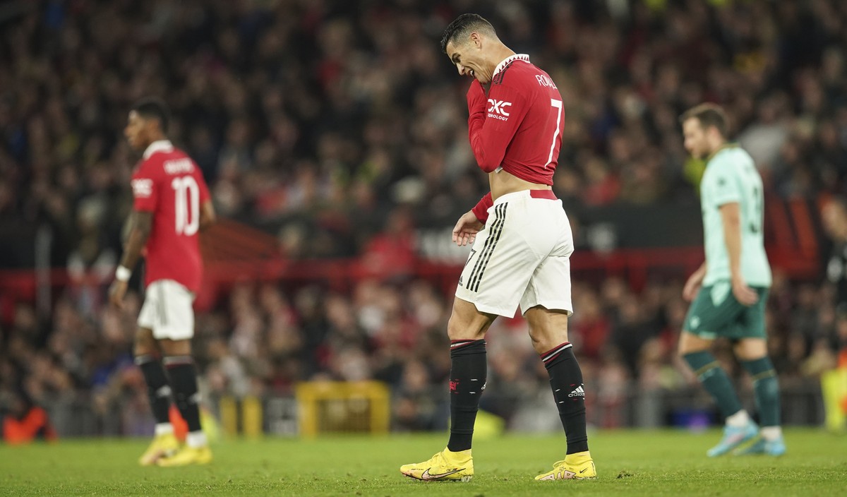 Manchester United's Cristiano Ronaldo reacts after a missing opportunity to score during a group E Europa League soccer match between Manchester United and Omonia at Old Trafford stadium in Manch ...