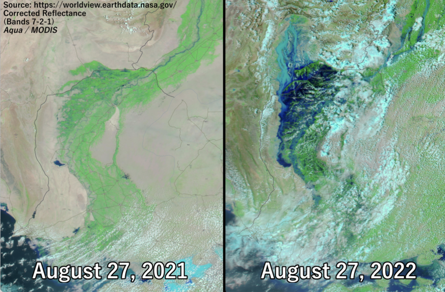 Satellitenbilder Pakistans im August 2021 und zur gleichen Zeit ein Jahr später. Die überfluteten Gebiete sind deutlich sichtbar.