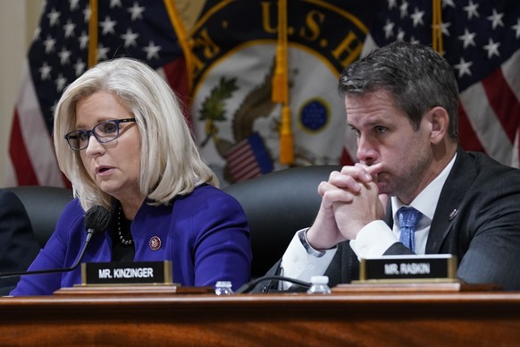 FILE - Rep. Liz Cheney, R-Wyo., and Rep. Adam Kinzinger, R-Ill., listen as the House select committee tasked with investigating the Jan. 6 attack on the U.S. Capitol meets on Capitol Hill in Washingto ...