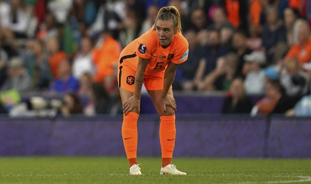 Netherlands' Jill Roord waits for a VAR decision that disallowed a goal she scored during the Women Euro 2022, group C, soccer match between Netherlands and Portugal, at Leigh Sports Village, in  ...