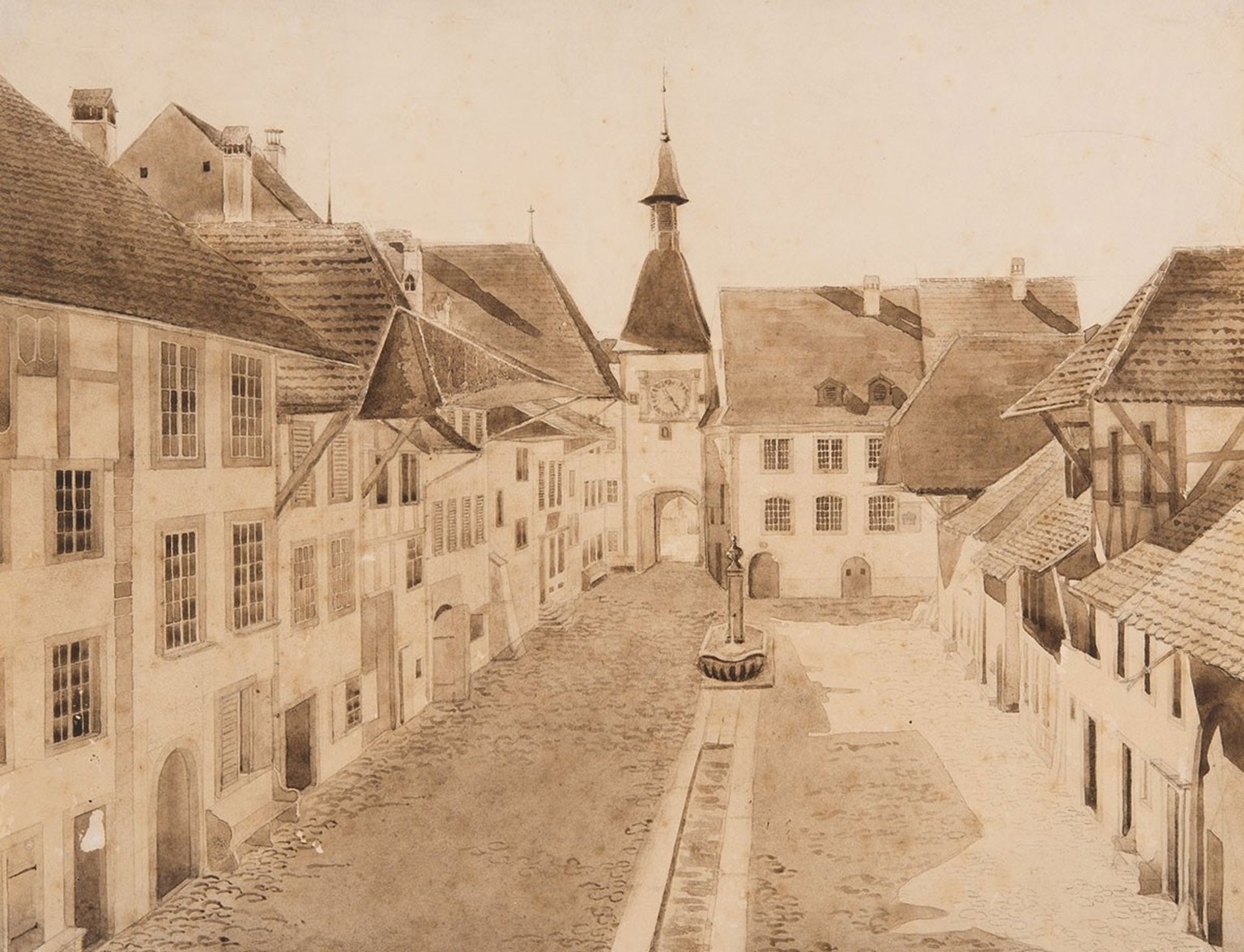 Altstadt von Wangen an der Aare auf einer Zeichnung von Ludwig Rudolf von Effinger, um 1845.
https://permalink.nationalmuseum.ch/100188719