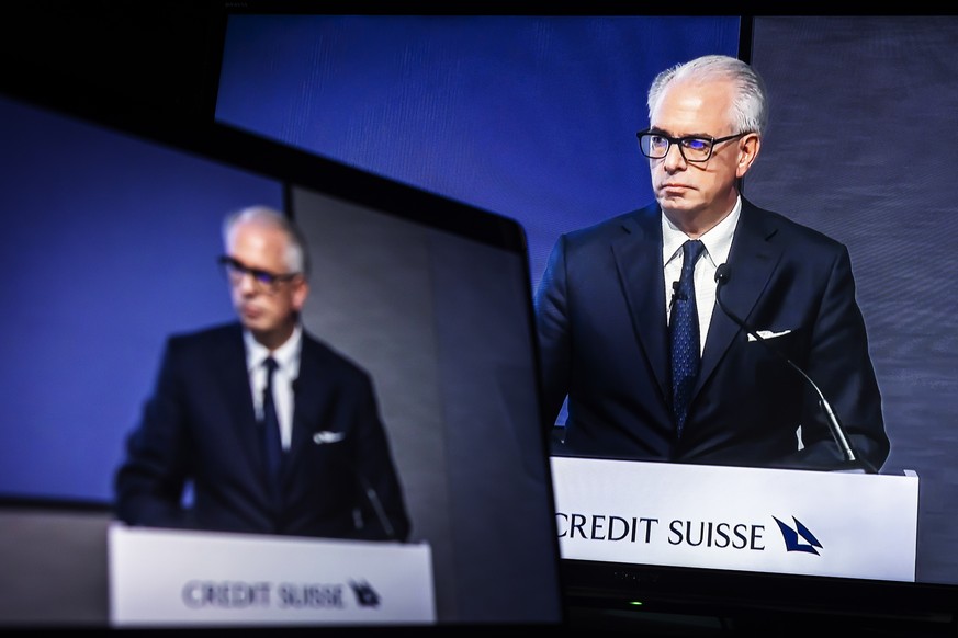 epa10269075 Screens show Swiss bank Credit Suisse CEO Ulrich Koerner presenting the quarterly report and the strategy and transformation plan for the bank, during a webcast streaming in Zurich, Switze ...
