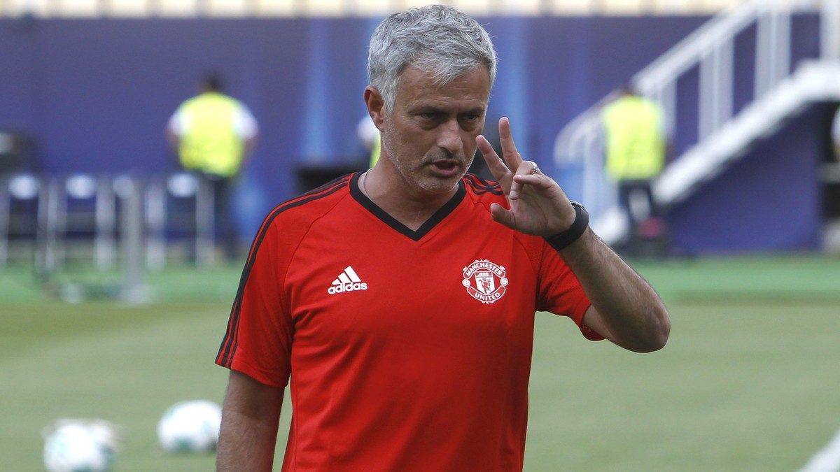 Manchester United's manager Jose Mourinho gestures during a training session at Philip II Arena in Skopje, Macedonia, Monday, Aug. 7, 2017, a day ahead of UEFA Super Cup final soccer match with R ...
