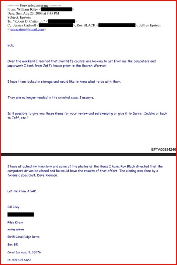 Detektiv Bill Riley von Riley Kiraly fragt den Epstein-Berater und Anwalt Robert «Bob» D. Critton Jr., was er mit den Dingen tun soll, die er «vor dem Durchsuchungsbefehl» wegschaffte.