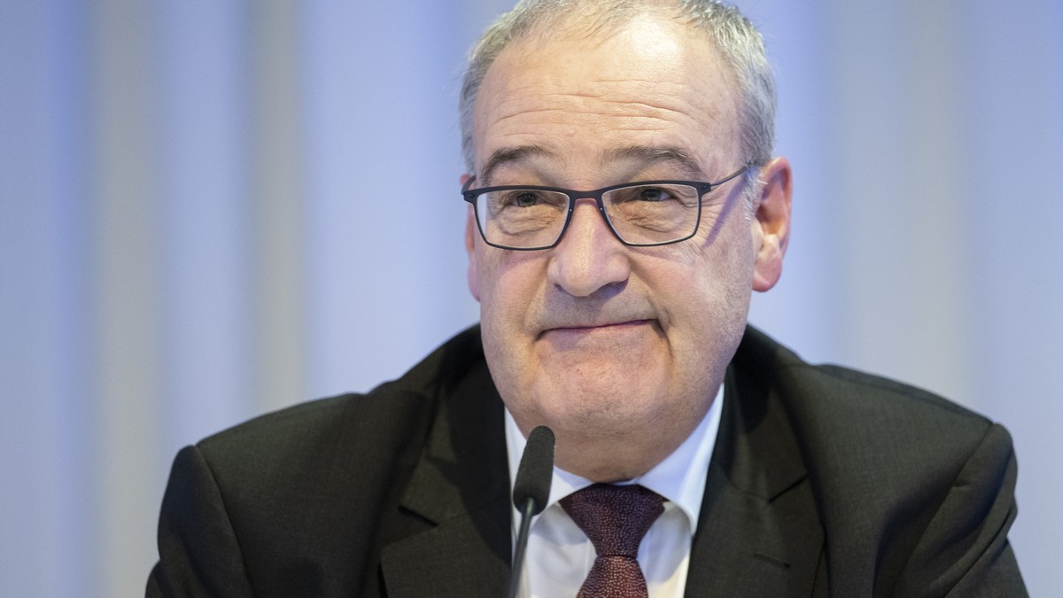 Bundesrat Guy Parmelin informiert an einem Point de Presse zum Abschluss.des Freihandelsabkommen der Efta mit den Mercosur-Staaten, aufgenommen am Freitag, 4. Juli 2025 (KEYSTONE/Ennio Leanza)