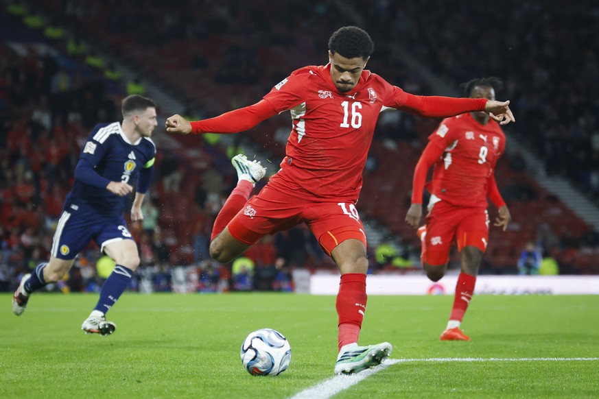 Switzerland's Zachary Athekame in action during the UEFA Nations League soccer match between Scotland and Switzerland at the Hampden Park in Glasgow, Scotland, Tuesday, September 29, 2026. (KEYST ...