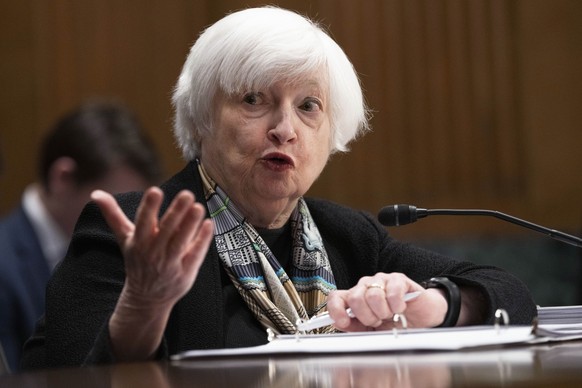 Treasury Secretary Janet Yellen testifies before the Senate Finance Committee about President Joe Biden&#039;s proposed budget request for the fiscal year 2024, Thursday, March 16, 2023, on Capitol Hi ...