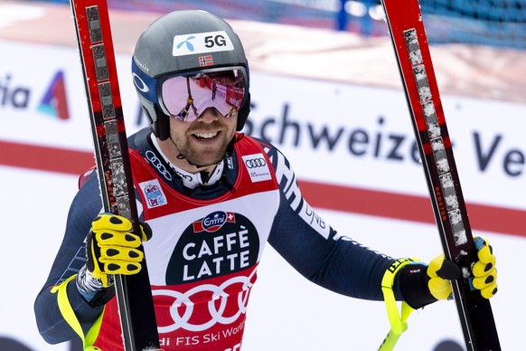 Aleksander Aamodt Kilde of Norway reacts in the finish area during the men&#039;s downhill race at the Alpine Skiing FIS Ski World Cup in Wengen, Switzerland, Saturday, January 14, 2023. (KEYSTONE/Pet ...