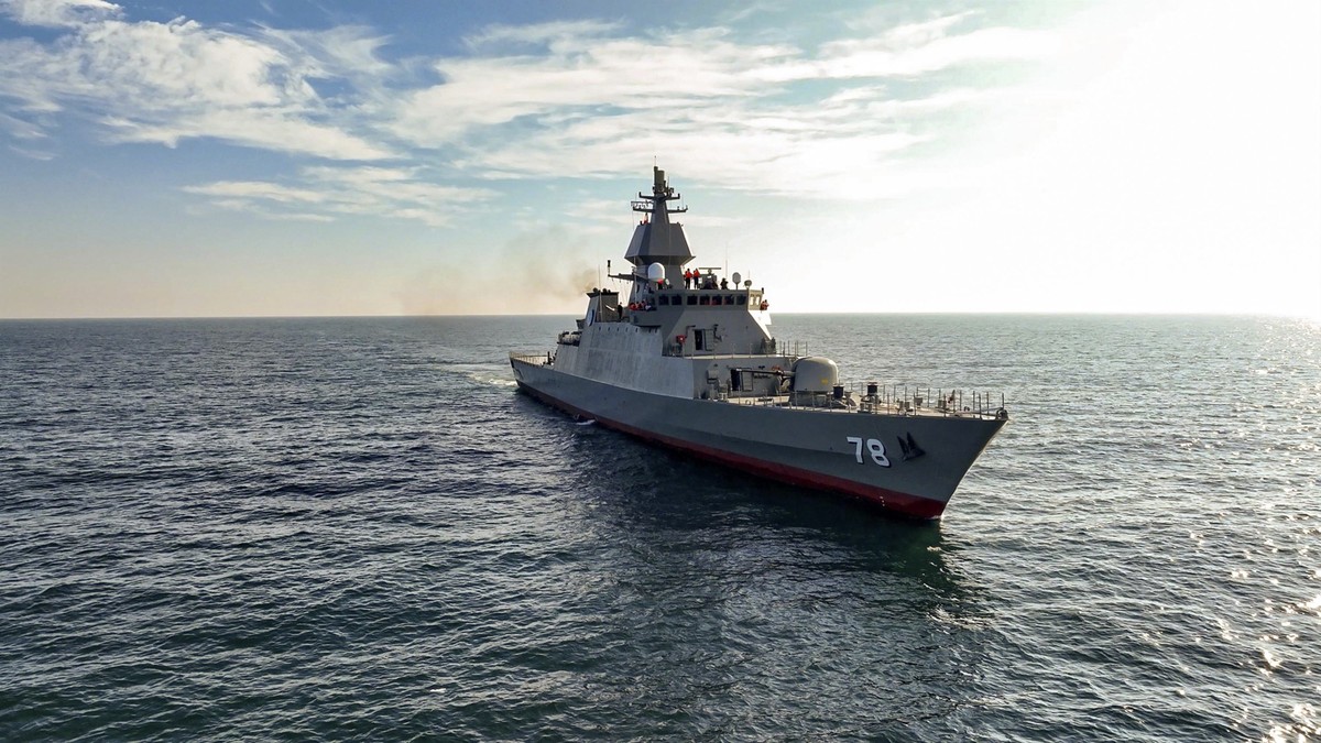 In this picture released by the official website of the Iranian Army on Monday, Nov. 27, 2023, Deilaman destroyer moves in the Caspian Sea, in northern Iran. Iran's navy on Monday added a destroy ...