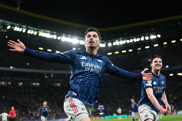KEYPIX - Arsenal's Kai Havertz celebrates after scoring his sides first goal during the Champions League quarterfinals, first leg, soccer match between Sporting CP and Arsenal, in Lisbon, Tuesday ...