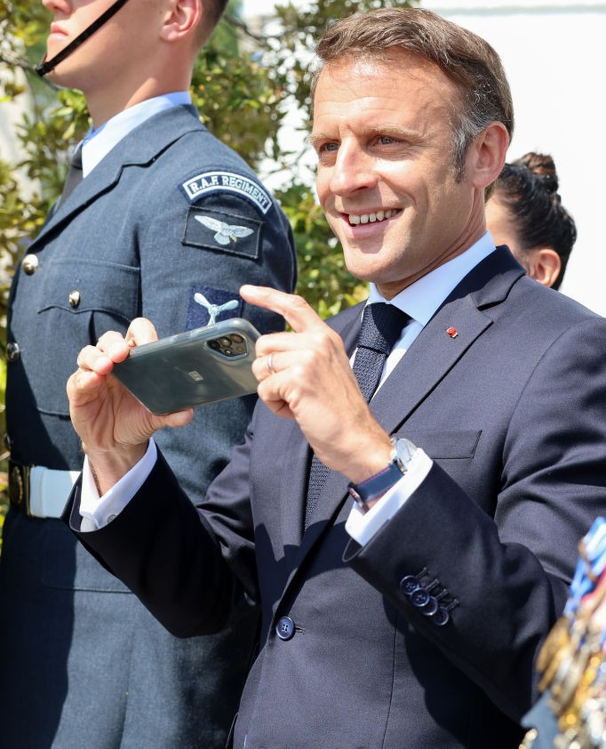 VER-SUR-MER, FRANCE - JUNE 06: President of France, Emmanuel Macron attends the UK Ministry of Defence and the Royal British Legion’s commemorative event at the British Normandy Memorial to mark the 8 ...