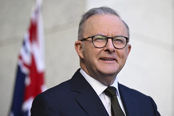 Australian Prime Minister Anthony Albanese on Tuesday, Feb. 11, 2025, speaks in Canberra, about his telephone conversation with President Donald Trump who Albanese says has agreed to consider a tariff ...