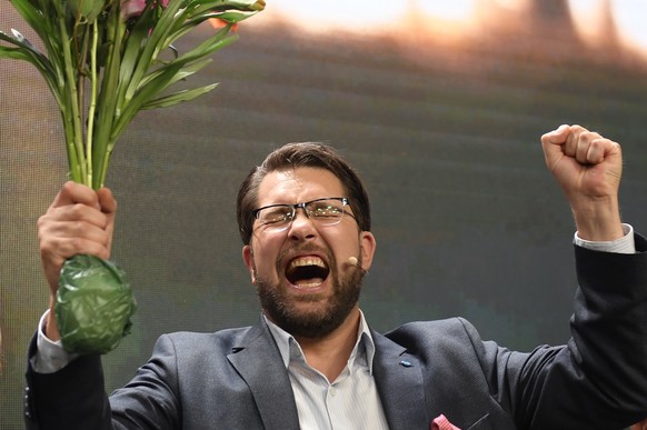 epaselect epa10178956 The leader of the Sweden Democrats Jimmie Akesson delivers a speach at the party&#039;s election watch at Elite Hotel Marina Tower Tower in Nacka, near Stockholm, Sweden, 11 Sept ...