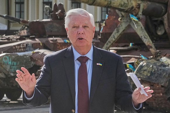 U.S. Sen. Lindsey Graham, R-S.C. answers a question from a media member near damaged Russian vehicles on display in central Kyiv, Ukraine, Friday, July 10, 2026. (AP Photo/Efrem Lukatsky)
Lindsey Grah ...