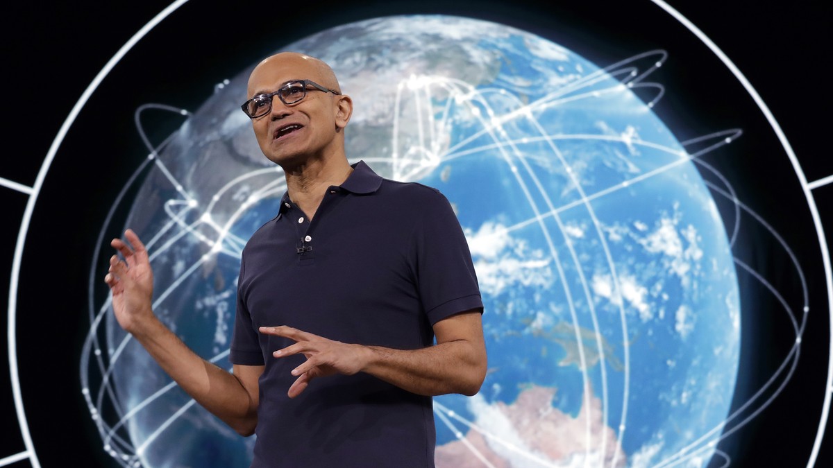 Microsoft CEO Satya Nadella delivers the keynote address at Build, the company's annual conference for software developers, Monday, May 6, 2019, in Seattle. (AP Photo/Elaine Thompson)